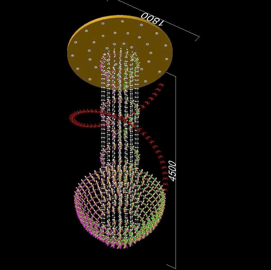 Đèn thông tâng nghệ thuật hoa và bướm pha lê PL099 gồm mâm tròn inox gương vàng, 480 hoa, 60 bướm, 40 đèn dimmer D40,  KT(mm): D1800 x H4500